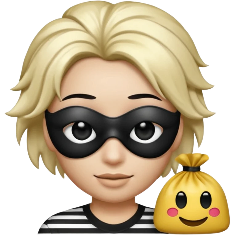 Realistic ios emoji-style portrait of a classic burglar, a black eye mask and a black-and-white striped shirt. Highly detailed, natural skin texture, realistic shadows, smooth gradients, glossy reflections in the eyes. emoji-like hair, black hat, an emoji bag of money in a right corner  emoji