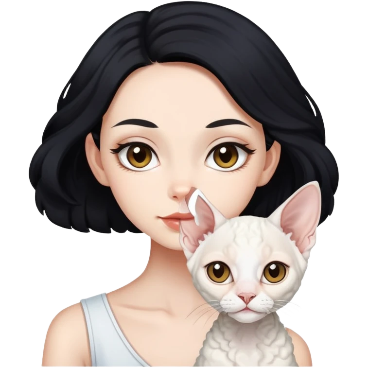 a  girl with black long hair with a white devon rex  emoji