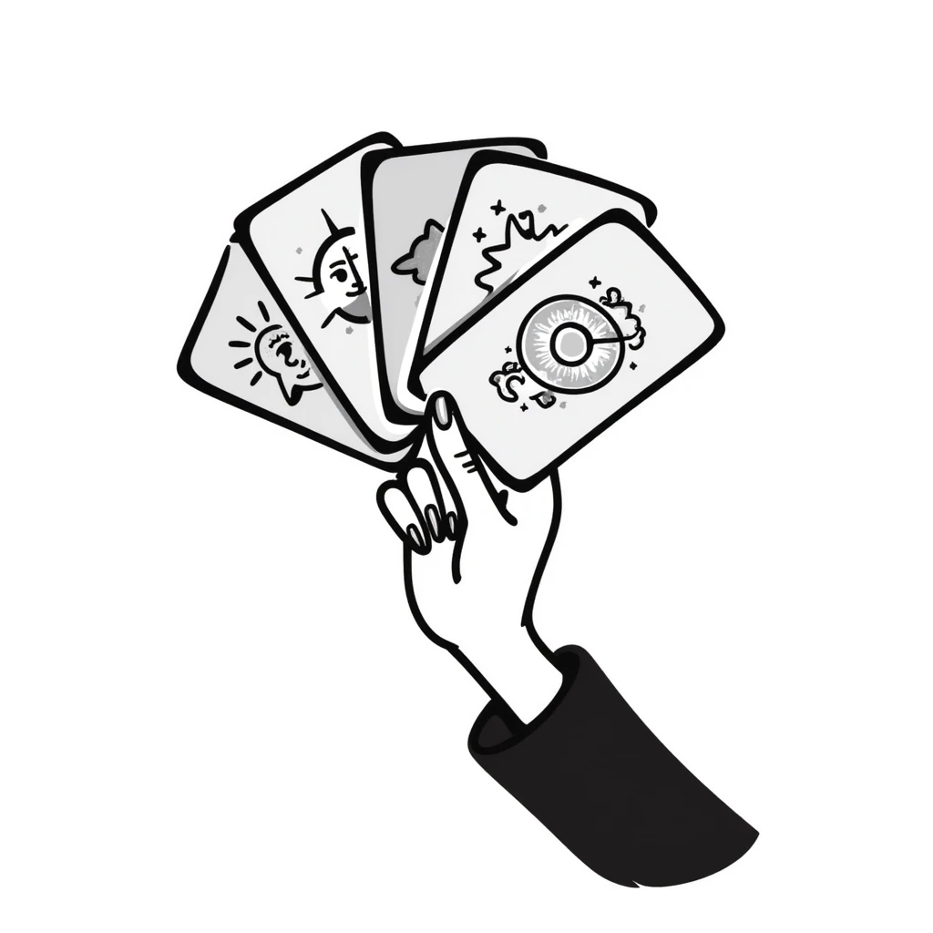 a hand holding a fan of mystical tarot cards with celestial symbols, pastel colors dd9fb0, ffc6d3, a3bfc9, c4bee2, f1b091, detailed hand-drawn doodle style emoji