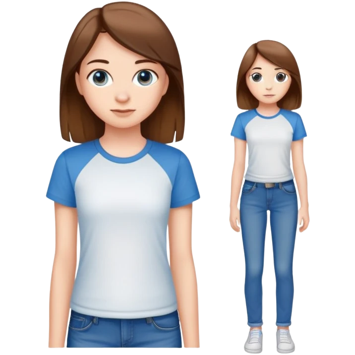 A 15 year old cute white girl wearing blue jeans with straight brown hair and a white t shirt emoji
