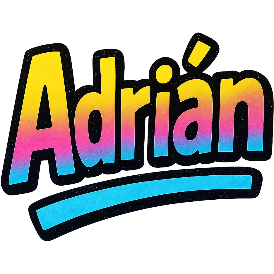 Adrián name in modern colorful gradient font with dark outline, dynamic style with slanted or partial underline, transparent background, in the style of sample images emoji