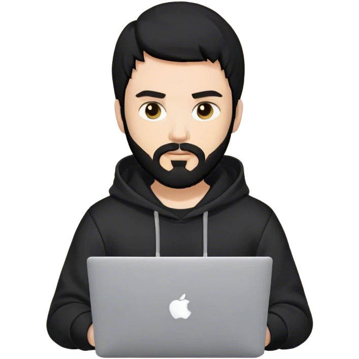 hackeur blanc cheveux noir barbe et capuche noir avec un macbook emoji