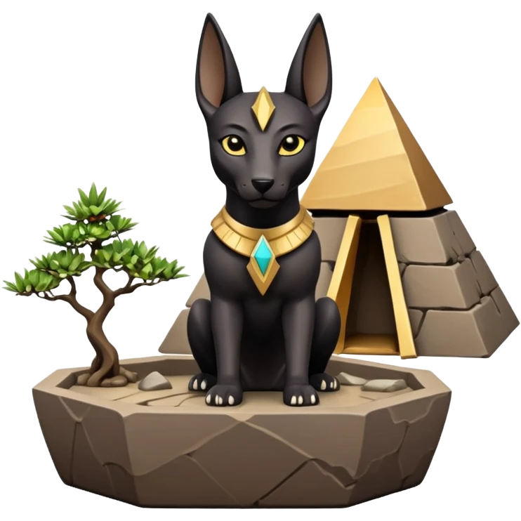 Protecting silky black-haired tiny statuette young miniature Anubis and pyramid scenery stone-age cracked irregular dodecagon bonsai pot  emoji