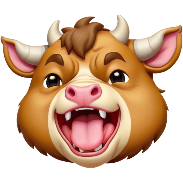 Cinematic Cute Yawning Domestic Bull Portrait Emoji, Head tilted slightly with a dramatic, wide-open yawn, showcasing a robust, muscular frame with a soft, downy coat and subtly drooping horns, round eyes barely open in drowsy contentment, Simplified yet irresistibly adorable features, highly detailed, glowing with a soft, cozy natural glow, high shine, relaxed yet expressive, stylized with a dash of rustic whimsy, soft glowing outline, capturing the essence of a sleepy yet affectionate domestic bull that seems ready to stretch out and settle for a nap! emoji