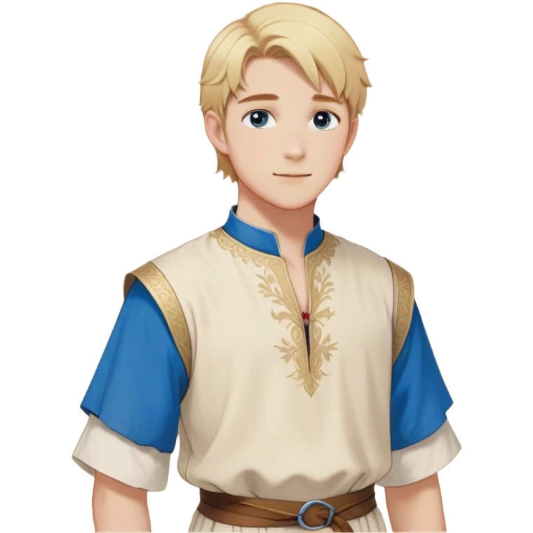 Medieval summer outfit worn by a DnD themed fantasy male character. Light cotton tunic in natural cream color with short sleeves, embroidered with simple floral patterns at the hem, paired with a thin leather belt. Clothes only above the waist, full waist coverage. The character has no arms. Character is white-skinned with golden blonde hair styled in a classic page-cut that falls just above the ears, slightly longer in the back, bright blue eyes, and youthful features. emoji