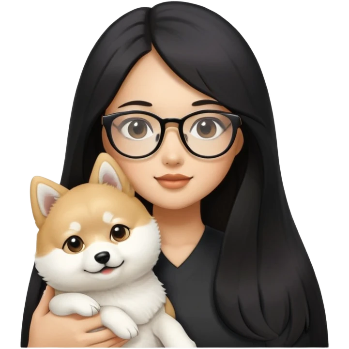 A beautiful girl with long black hair and glasses is holding a long-haired white Shiba Inu puppy emoji