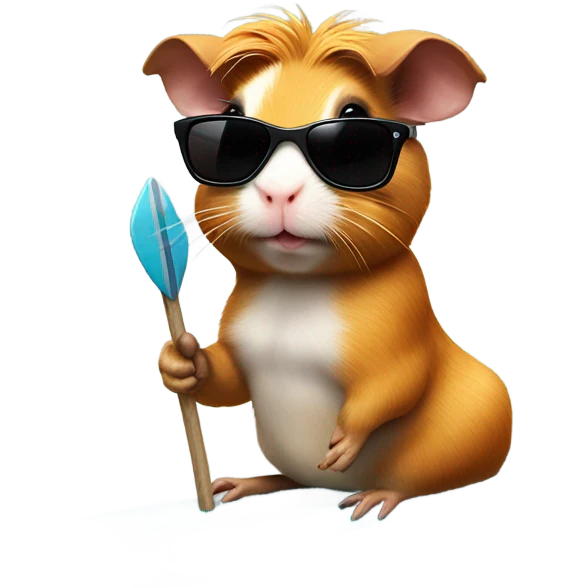 Guinea pig with sunglasses on surfboard and a Shaka sign with hand emoji