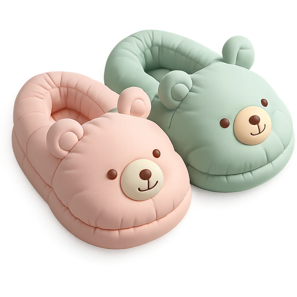 pair of cozy animal-shaped bedroom slippers in pastel colors, cushion style emoji