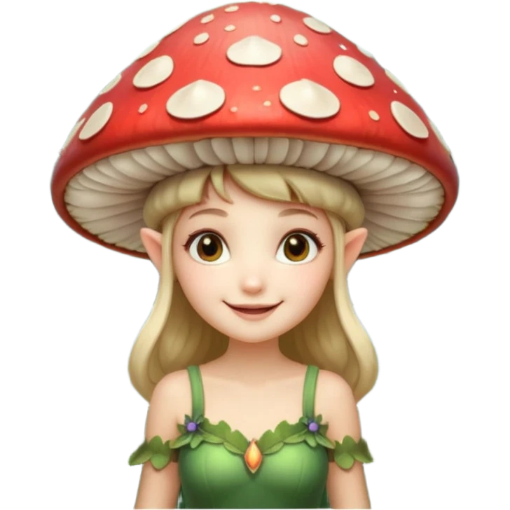 mushroom fairy portrait, head and shoulders only, wearing a large mushroom cap hat, tiny glowing wings visible behind shoulders, cute magical smile, forest fantasy vibe, 3D cartoon, mobile game icon style, clean background, no text, no watermark

 emoji