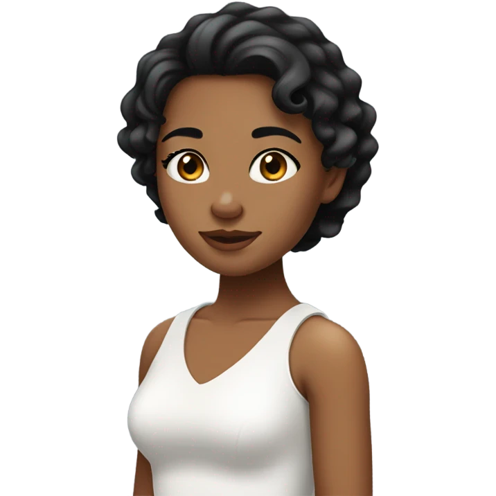 Girl with brown skin tone, wavy black hairs, pretty black eyes and long lashes and white shoulder down tto emoji