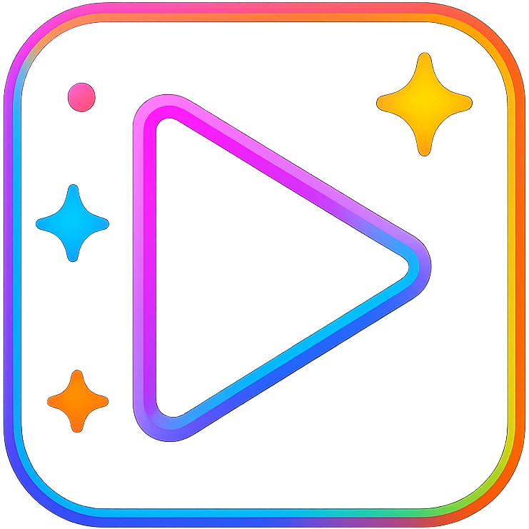 play icon with dark purple, blue, and black base, bright cyan, pink, yellow, green, orange accents, complex gradients, stars, bright neon border, modern clean play symbol, glow and lighting effects, sophisticated futuristic icon style emoji