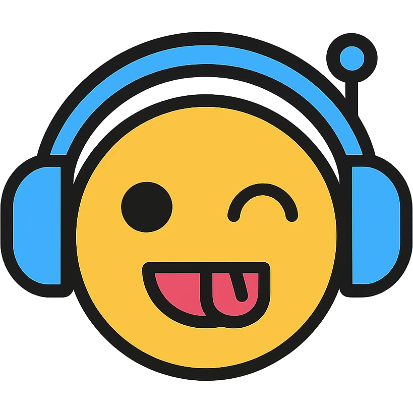 playful AI chatbot emoji, round face, headphones, text style, minimal lines emoji