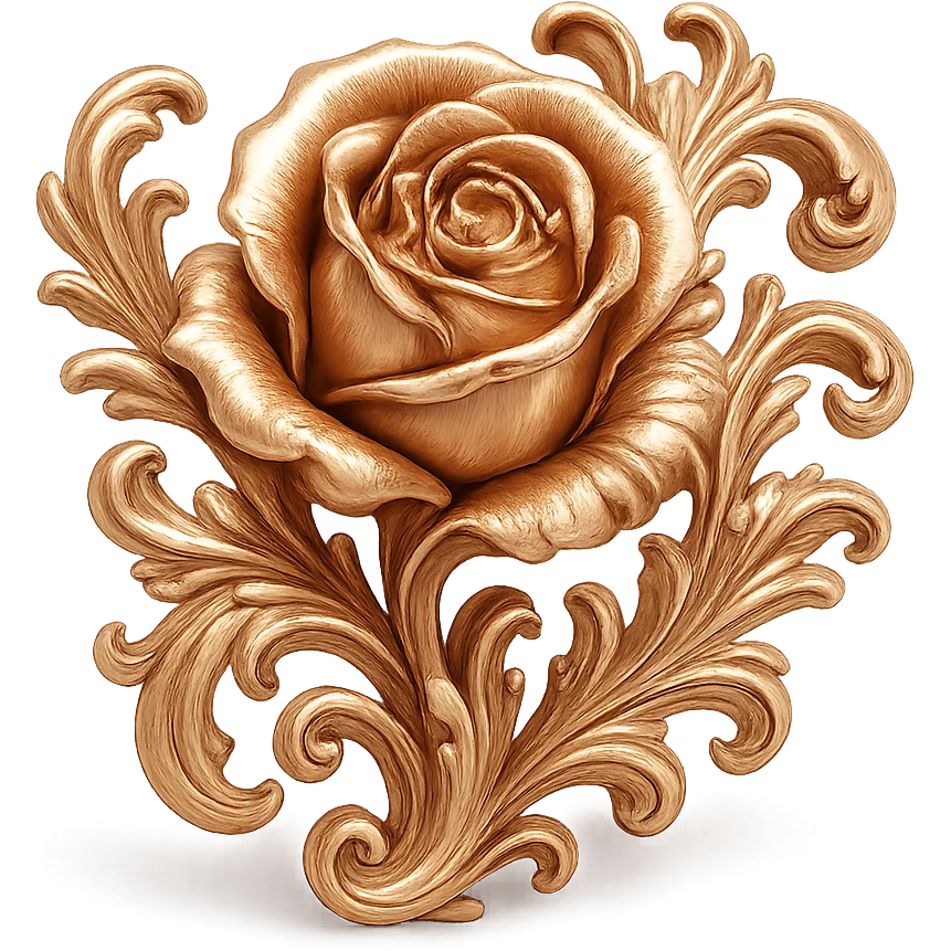 rose gold rose, ornate, decorative flourishes, rose gold color emoji