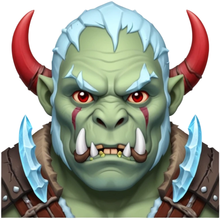 Fantasy orc emoji portrait, tusks covered with ice and crimson frost cracks, cold predator expression, winter hunt atmosphere, minimal clean emoji design, male/female variant
 emoji