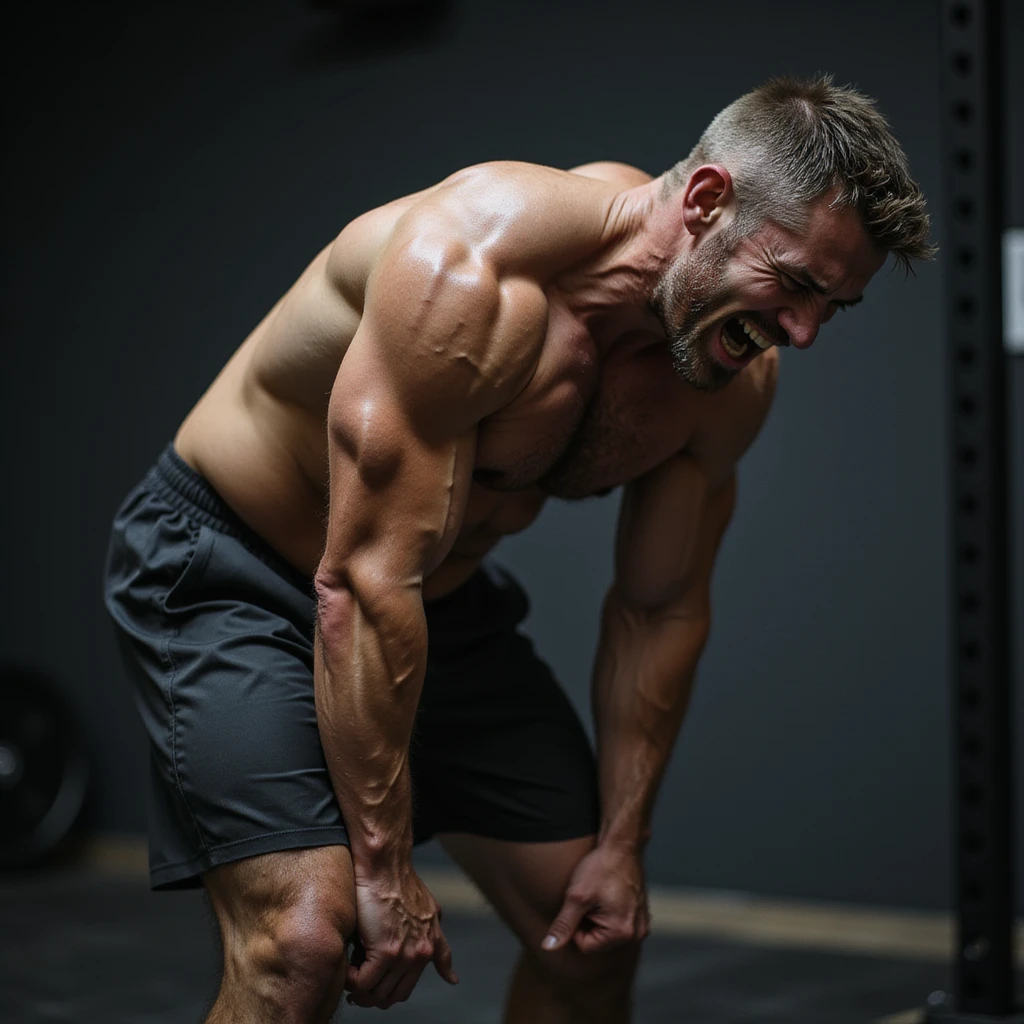 realistic photo of a crossfit athlete during intense training, bending forward holding back, painful expression, tense muscles, intense light, gym background emoji