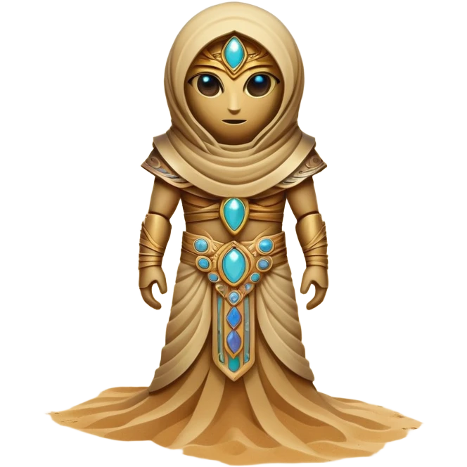 A guardian made of interlocking dunes that forms temporary bodies from compressed sand, adorned with gemstone eyes that change color to warn of approaching sandstorms or oasis locations. full body emoji