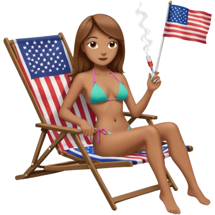 Woman with straight light brown hair in a bikini in a beach chair vaping with an american flag emoji