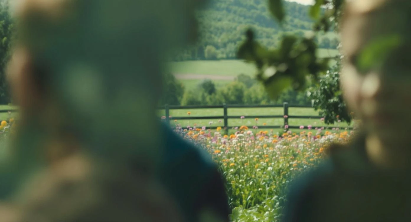 "Two shot" in the foreground, blurred plants in the foreground (frame within a frame), a wooden fence and colorfull flowers in the midground, Poland, rolling hills in the background, cinematic depth of field, layered composition, natural lighting emoji