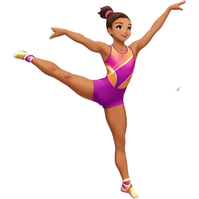 A professional performing a dynamic aerobic routine, dressed in a vibrant workout outfit. The gymnast is mid-jump, arms extended gracefully, with one leg lifted in a high kick. The background features a spacious fitness studio with mirrors, colorful mats, and energetic lighting.  emoji