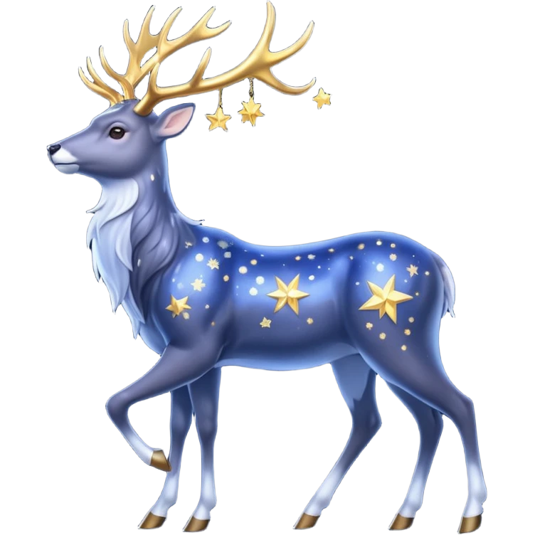 Celestial Stag emoji – full body, majestic stag with shimmering silver body and deep midnight-blue fur, tall glowing golden antlers shaped like constellations, small star accents, slight side angle emoji