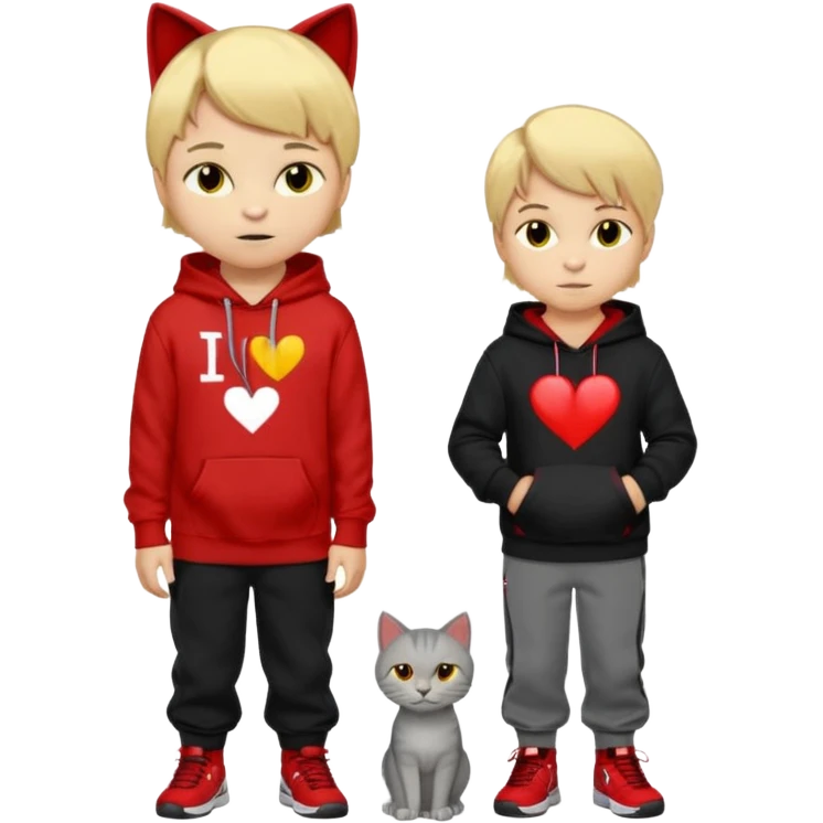 A 8 year old boy wearing a red and black hoodie say I heart cats he’s blond he has red Jordan’s and Hess wearing black pants he’s next to a gray cat with yellow eyes  emoji