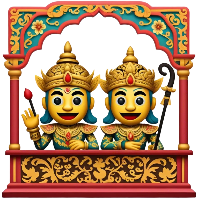 Cinematic Realistic Wayang Kulit Pop Culture Emoji, featuring a vibrant shadow-puppet theatre scene rendered with dynamic textures and artistic, traditional lighting. emoji