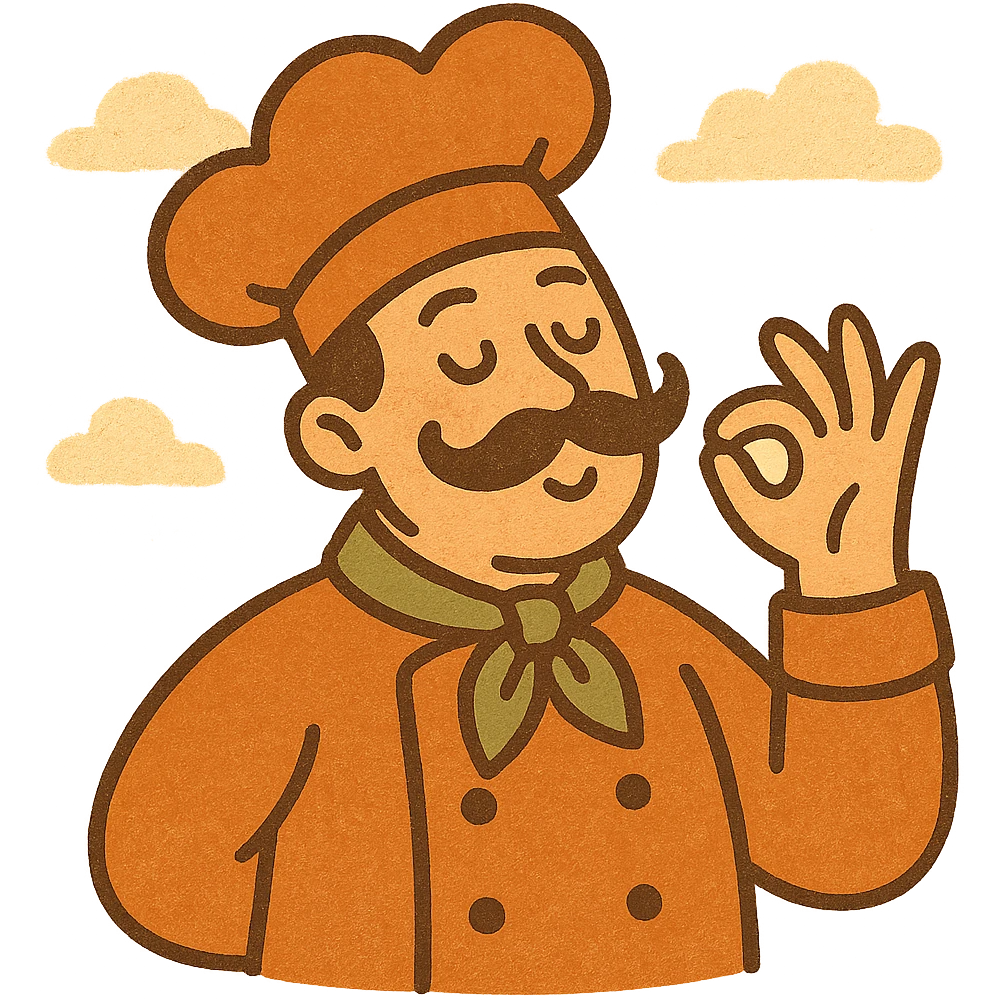 chef with a curled mustache doing the 'chef's kiss' hand gesture, vibrant colors, playful emoji