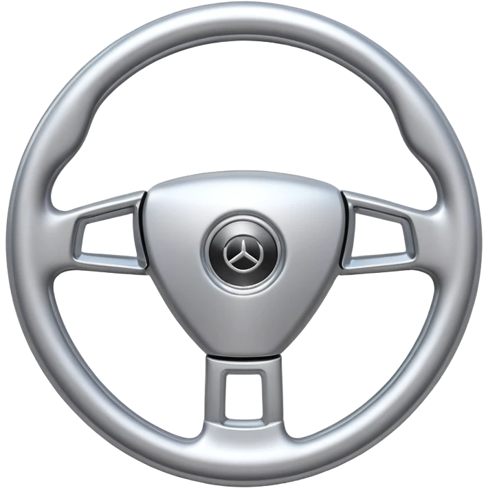 A futuristic steering wheel emoji made of silver chrome, minimal geometric design, smooth metallic surface, soft reflections, iOS emoji style, centered, clean white background emoji