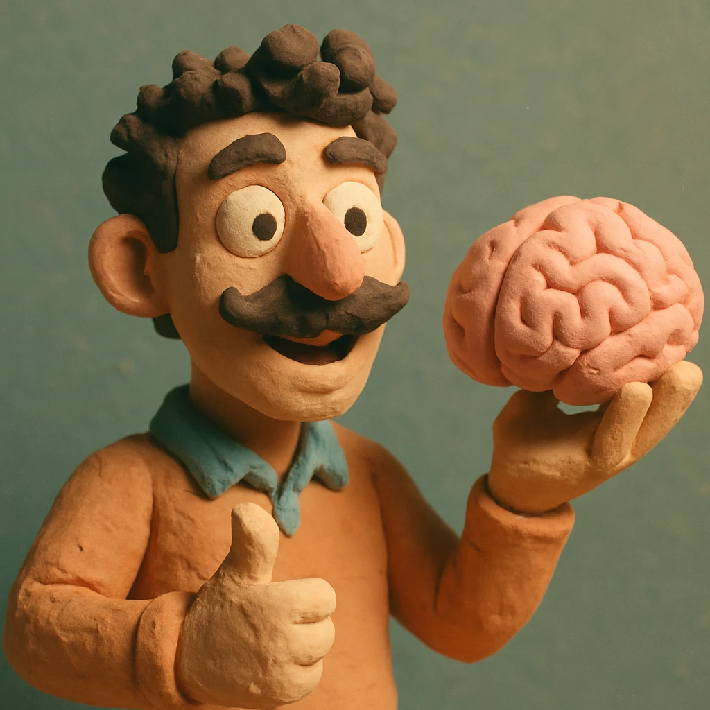 Enhance the claymation man holding a brain by adding more depth and dimension to the image. Make him more attractive and quirky, inspired by the first version, with dark curly hair, thick mustache, light skin, claymation style, visible fingerprints, and pastel colors. emoji