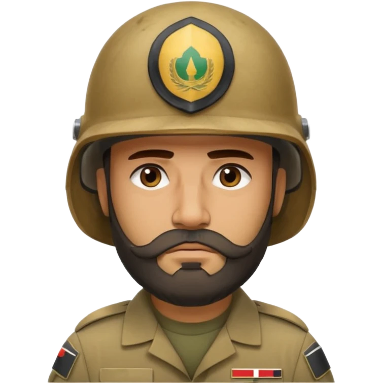 very tired Iraqi military, in a helmet, with a beard emoji