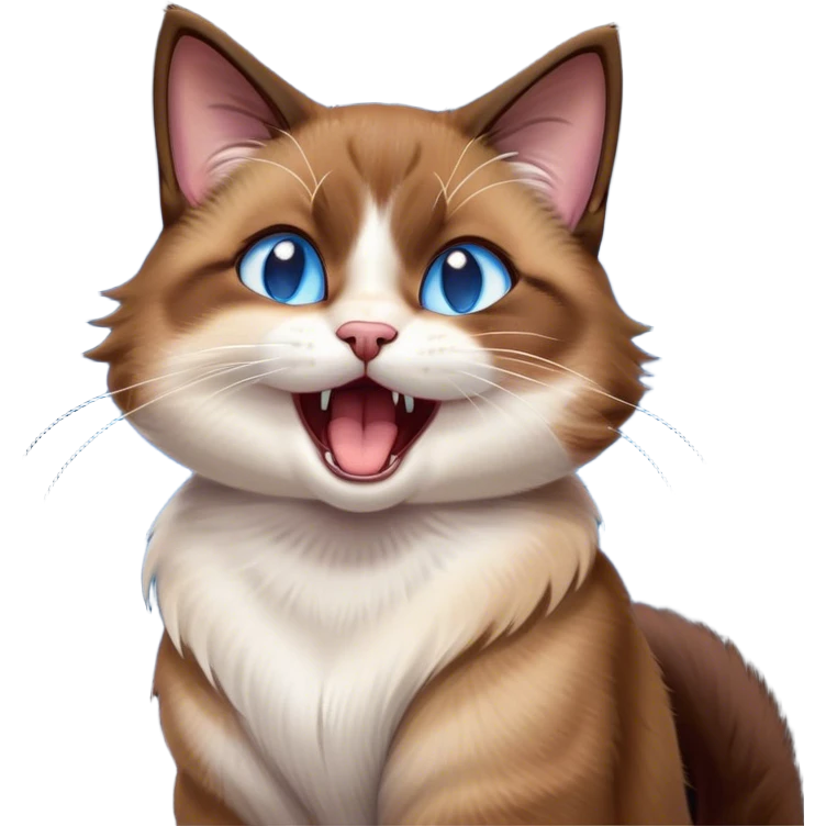 Cinematic Cute Yawning Brown Mantle Snowshoe Cat Portrait Emoji, Head tilted slightly with a dramatic, wide-open yawn, smooth brown fur draping elegantly over its back with contrasting white paws, chest, and facial markings, piercing icy-blue eyes that are barely open, Simplified yet irresistibly adorable features, highly detailed, glowing with a soft, cozy glow, high shine, relaxed yet expressive, stylized with a touch of whimsy, bright and endearing, soft glowing outline, capturing the essence of a sleepy yet affectionate kitty, so drowsy it feels like it could stretch right out of the screen and curl up for a nap! emoji