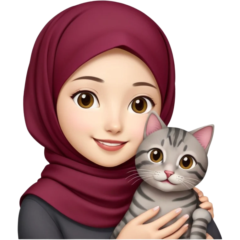 Asian White girl wearing cute maroon hijab holding a black grey tabby cat while smiling.  emoji
