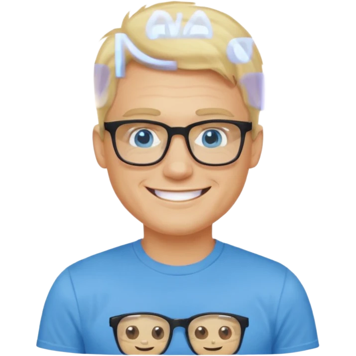 portrait of adult man no old man, wearing a t-shirt, square glasses, grinning face, blond hair emoji