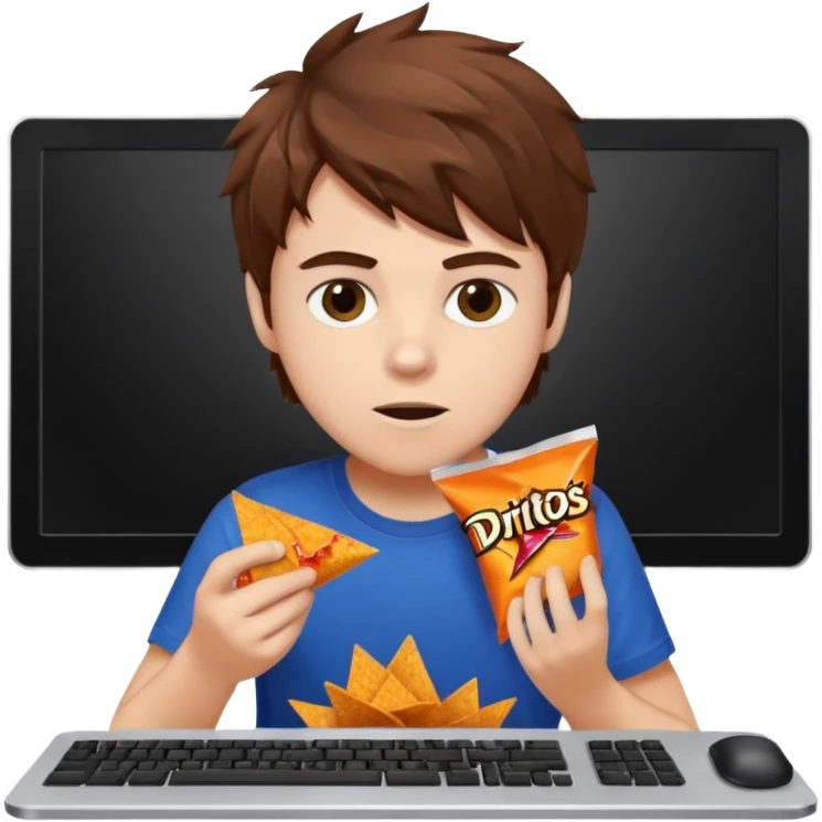 A white boy with messy brown hair eating Doritos while gaming on computer  emoji