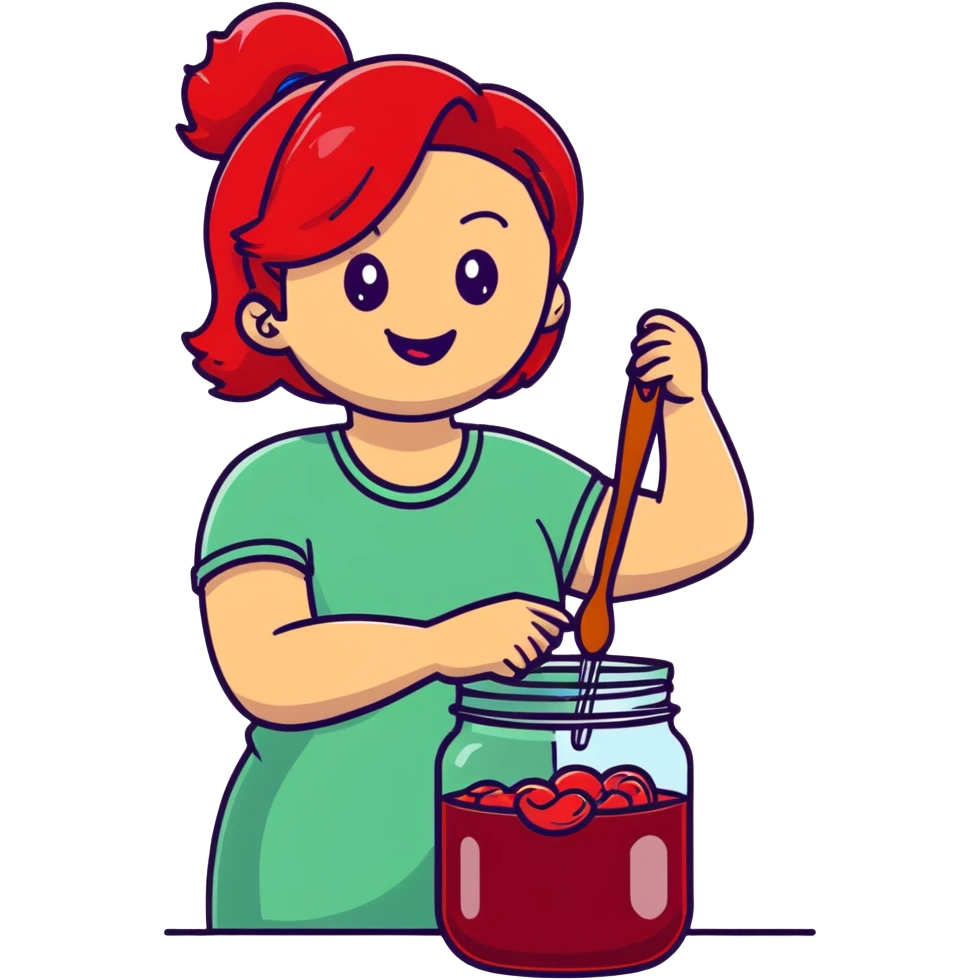 redhead woman with big smile taking some jam with a spoon from glass jar emoji