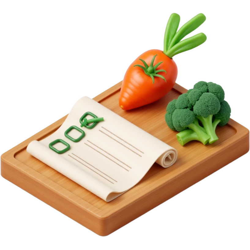 carrot tomato brocoli on the wooden cutting board with floating rolled paper list with green checkboxes emoji