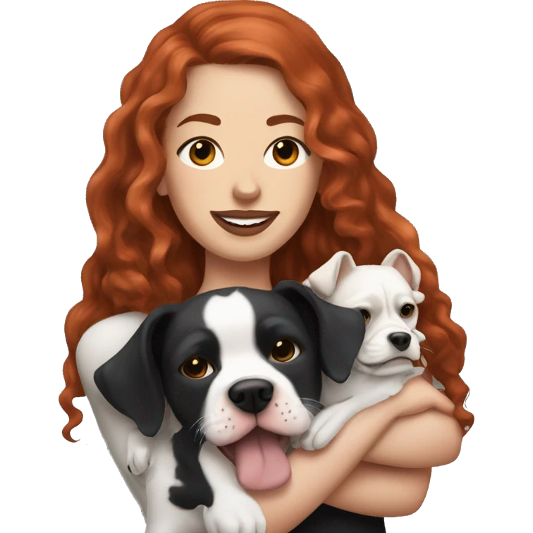 Long Red haired woman with septum piercing holding black and white English Staffordshire dog emoji