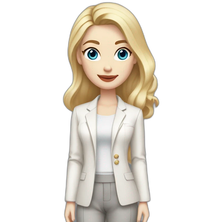 pale skin woman with blonde straight line Hair to shoulders, blue eyes, White classical jacket, Gray Palazzo pants holding a color palette in the hands emoji
