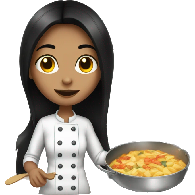 Pale girl with long black hair cooking dinner  emoji