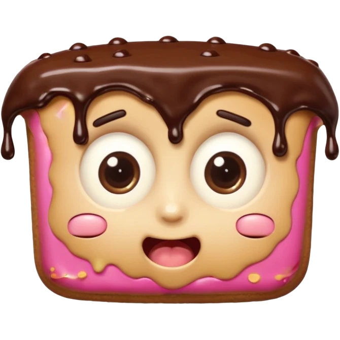 Rectangular chocolate mini pastry, slightly messy and squished, chocolate dripping, big round eyes, wide open mouth, playful surprised expression, text above: "ПАСТИЧКА", chibi style, Twitch emoji style, transparent background, colorful

 emoji