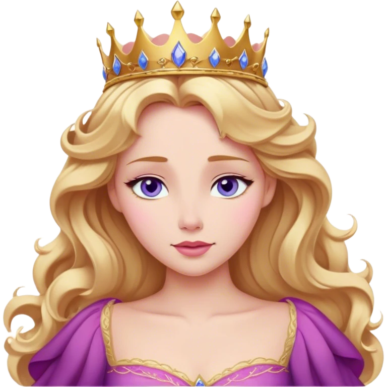 Cinematic Realistic Sleeping Beauty (Aurora) Portrait, with porcelain-like skin featuring a natural rosy flush, illuminated by soft lighting that highlights the gentle contours of her face. Her golden blonde hair flows in soft, detailed waves with subtle highlights that shimmer in the light. Her deep violet-blue eyes radiate warmth and innocence, framed by arched brows and long lashes. Her serene expression exudes quiet elegance. She is dressed in her classic pink gown, the fabric rich in texture with delicate folds that catch the light. A golden crown rests atop her head, gleaming with royal refinement. The portrait captures a soft, glowing aura, blending realism with an ethereal sense of beauty and timeless enchantment. emoji