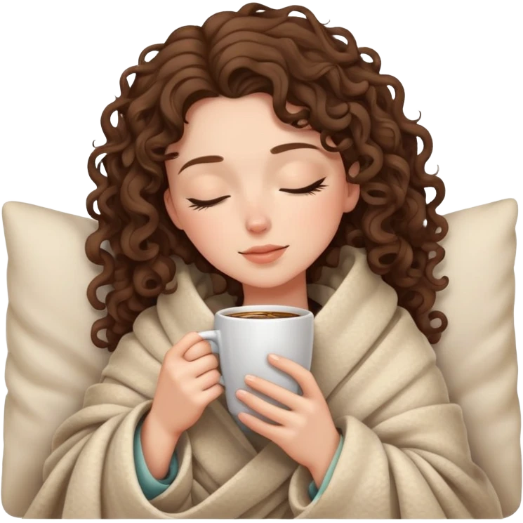 White girl with curly brunette hair wrapped in a cozy blanket sipping coffee with eyes closed peacefully emoji
