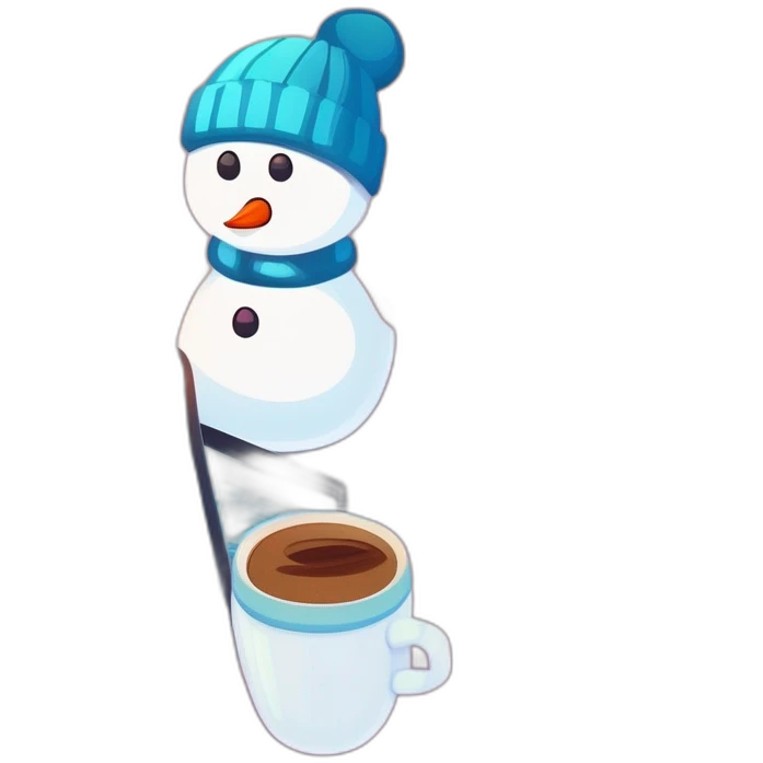 cute female snowman with a laptop holding a coffee mug and wearing a beanie emoji