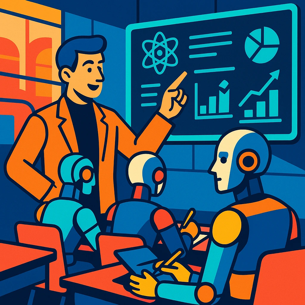A futuristic classroom scene with a human teacher pointing at a holographic blackboard while androids take notes emoji