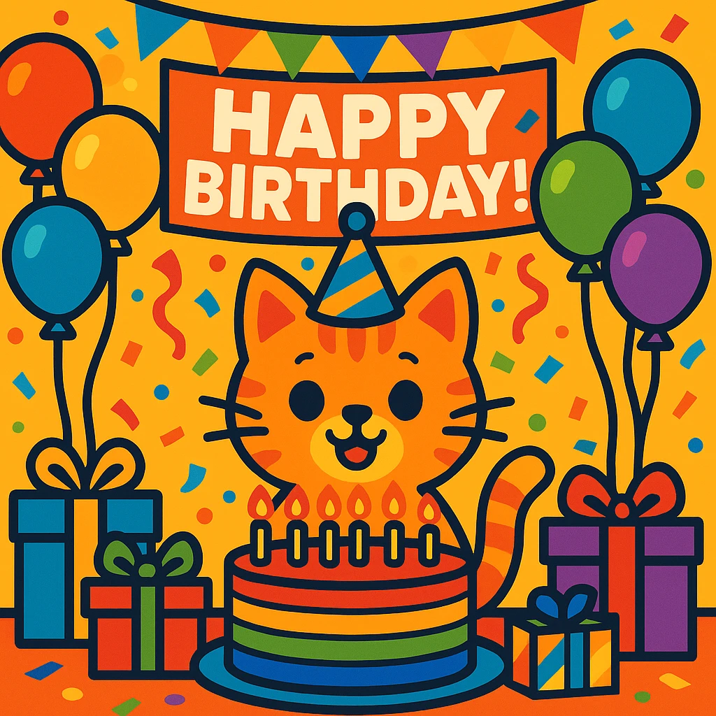 birthday party scene with rainbow balloons, multicolored decorations, confetti, large rainbow birthday cake, gifts, festive atmosphere, featuring a ginger tabby kitten wearing a birthday hat as the main character, with a prominent 'Happy Birthday!' message emoji