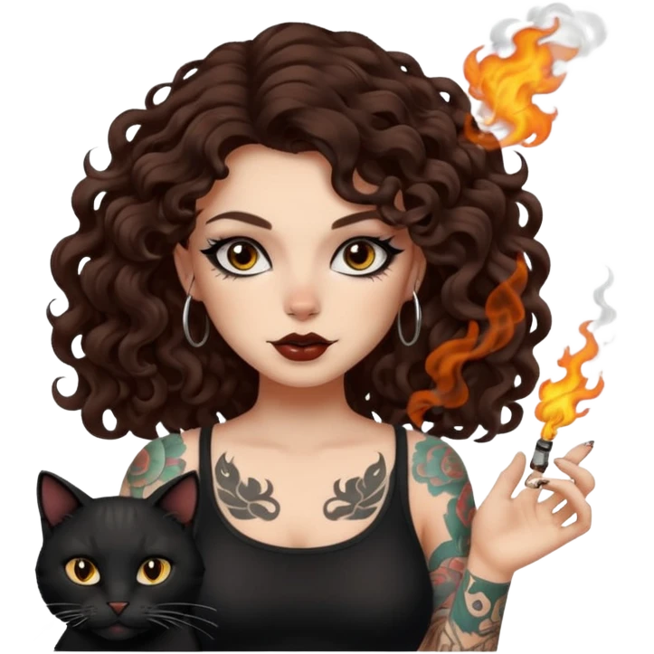 woman with long curly brown hair, brown eyes, white skin, tattoos, black cat turning into smoke and back emoji