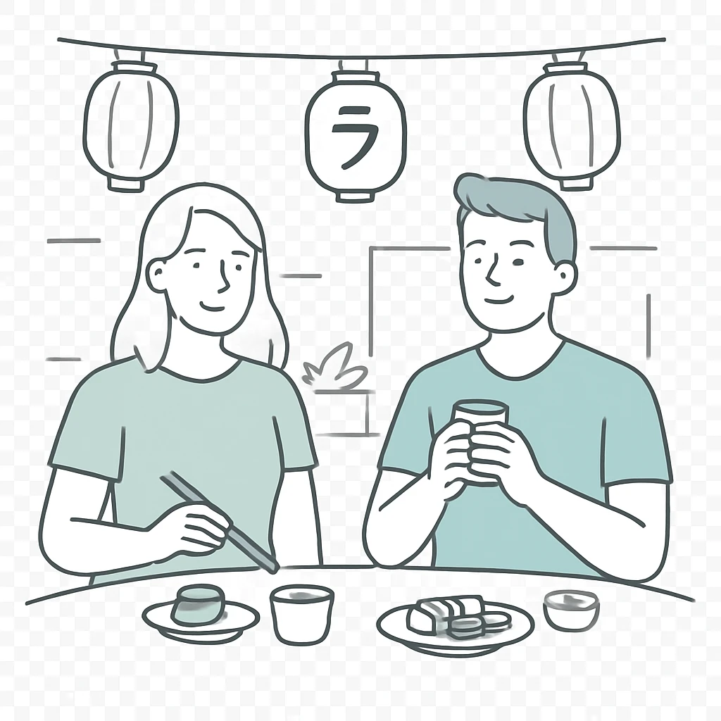 Two people dining at an outdoor Japanese cafe with lanterns overhead, simple clean lines showing small food plates and tea cups, minimal background details emoji
