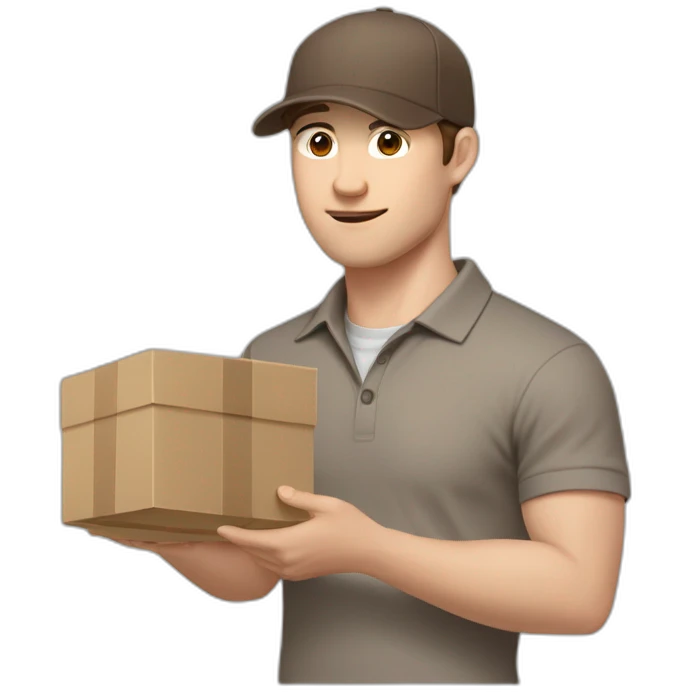 Pale skinned fit Man with dark brown hair in a beige cap, gray jeans and brown polo T-shirt keeping a pasted with tape white box into his hands emoji