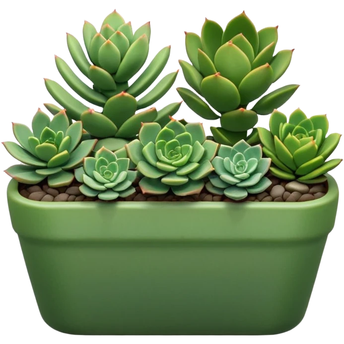 a variety of succulents arranged in a long green planter emoji