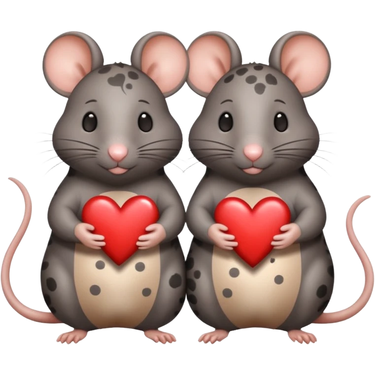 two fat little rats holding hearts one dark grey with white bigger spots the other rat warm brown without spots emoji
